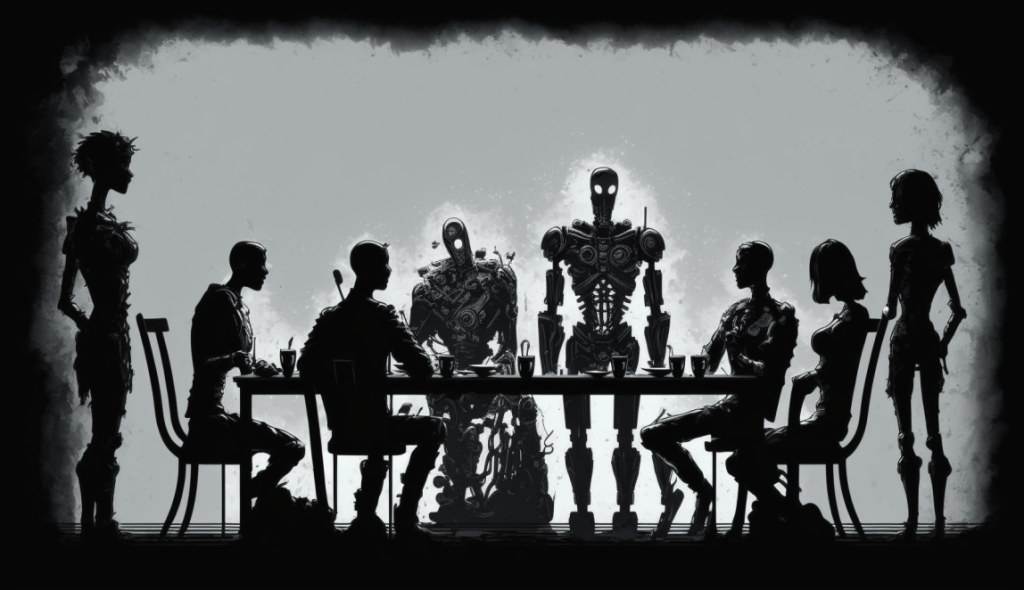 La collaboration entre les humains et les machines basées sur GPT"
Description : Des silhouettes humaines et des robots travaillant ensemble autour d'une table, symbolisant la collaboration entre les humains et les machines basées sur GPT.