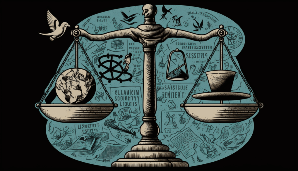 Une balance représentant l'équilibre entre les avantages et les inconvénients éthiques de l'utilisation de GPT, avec des symboles pour la confidentialité, la désinformation et la responsabilité.