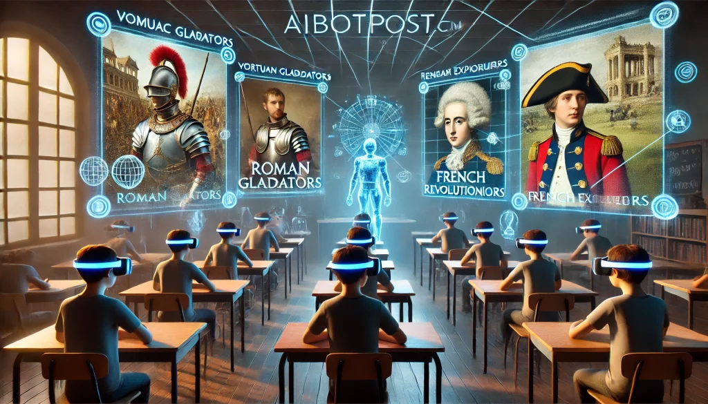 Une salle de classe futuriste où les élèves portent des casques de réalité virtuelle