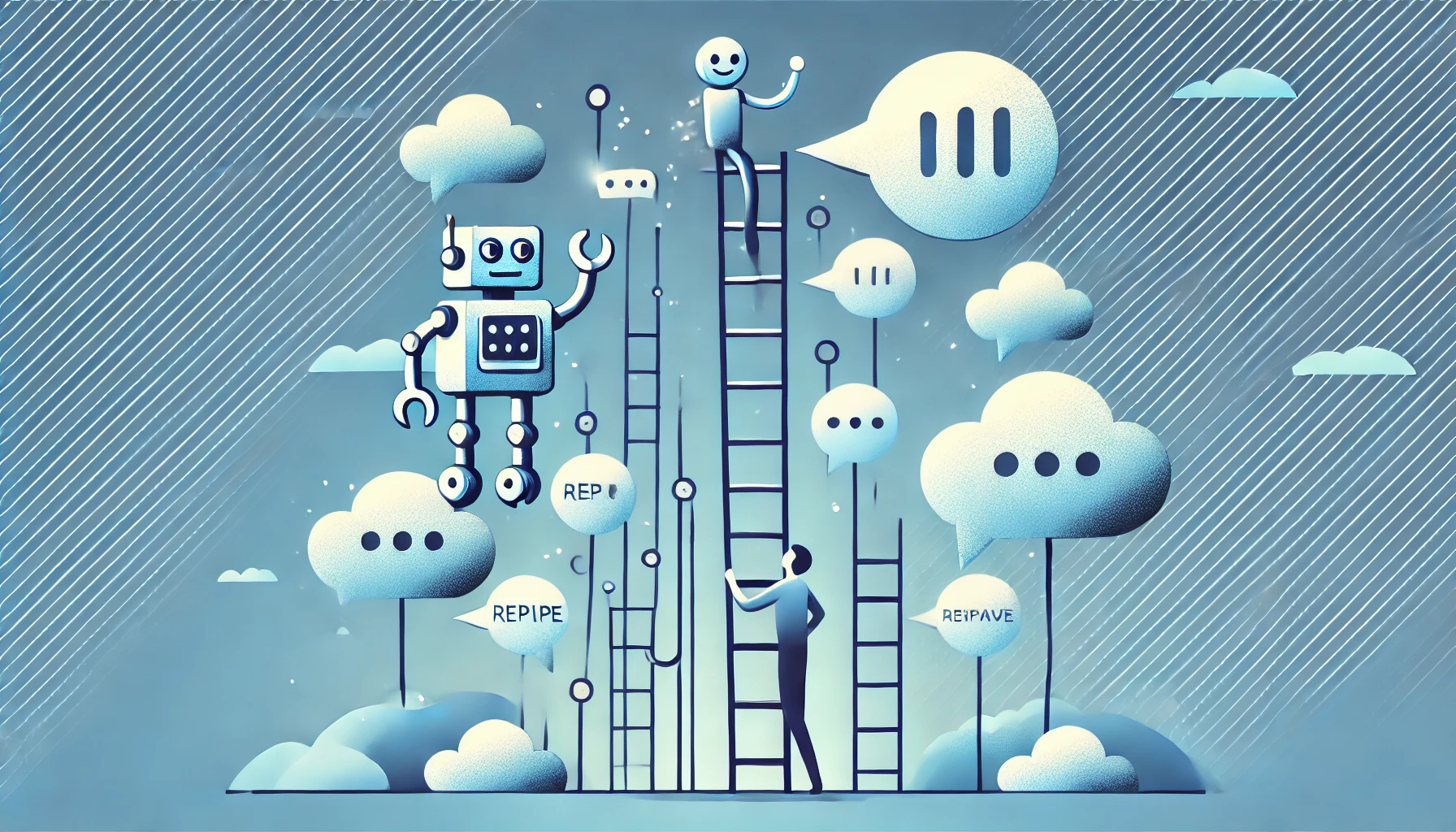 Un personnage grimpant une échelle faite de bulles de dialogue, chaque marche représentant une étape de création d'un chatbot. Au sommet, un robot souriant tend la main pour aider le personnage