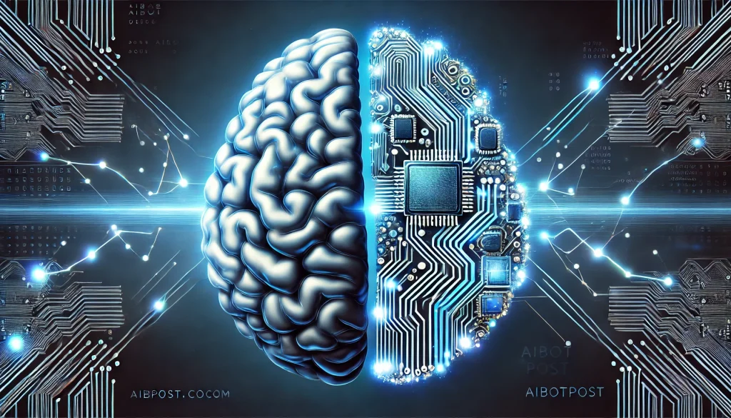 Description : Un cerveau humain d'un côté, un circuit imprimé en forme de cerveau de l'autre. Des lignes lumineuses relient les deux, symbolisant le transfert de connaissances