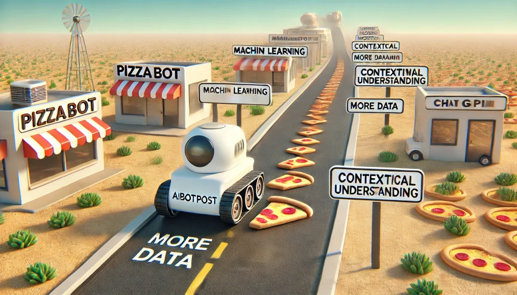 Une route pavée de tranches de pizza, partant d'un petit robot pizza simple (PizzaBot) et menant à une grande structure futuriste représentant ChatGPT