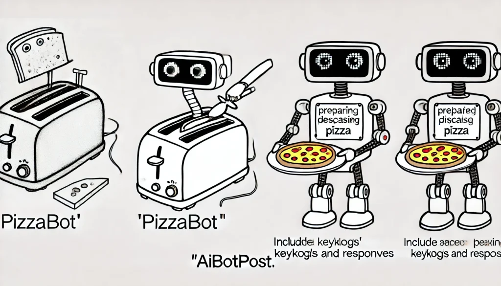 l'évolution de PizzaBot. La première montre un simple grille-pain avec des yeux dessinés