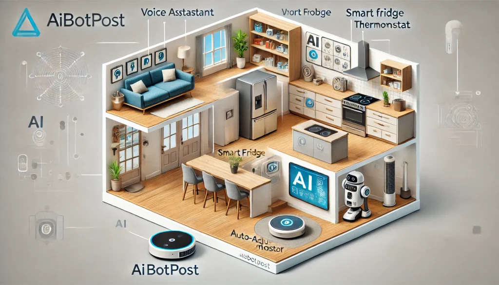 Une maison "intelligente" vue en coupe. Chaque pièce montre un appareil utilisant l'IA : assistant vocal dans le salon, frigo intelligent dans la cuisine, thermostat auto-ajustable