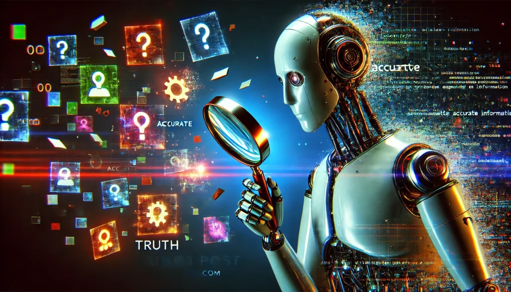 Un robot détective (style Sherlock Holmes) utilisant une loupe géante pour examiner des titres de journaux flottants, certains se désintégrant sous son regard