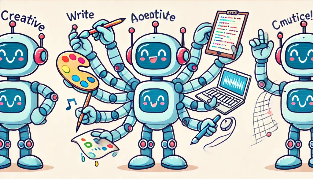 Un personnage robot avec plusieurs bras, chacun effectuant une tâche différente : écrire, peindre, coder, composer de la musique, etc. Le robot a une expression joyeuse et créative