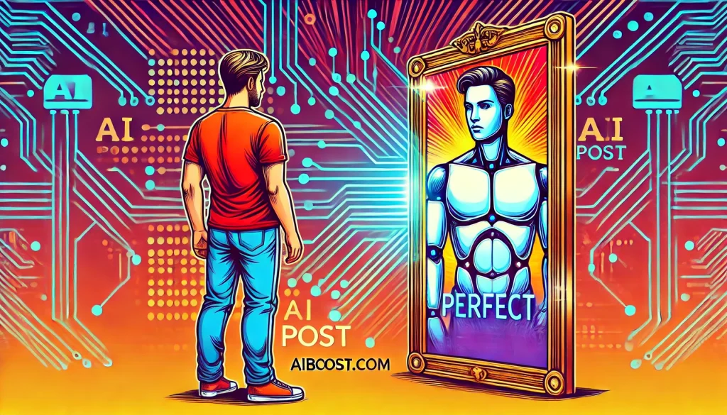 Un miroir magique high-tech avec une personne ordinaire devant, mais son reflet est une version glamour générée par IA