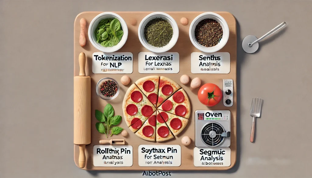 Un plan de travail de cuisine vu de dessus. Différents ingrédients de pizza sont disposés et étiquetés pour représenter les concepts de NLP