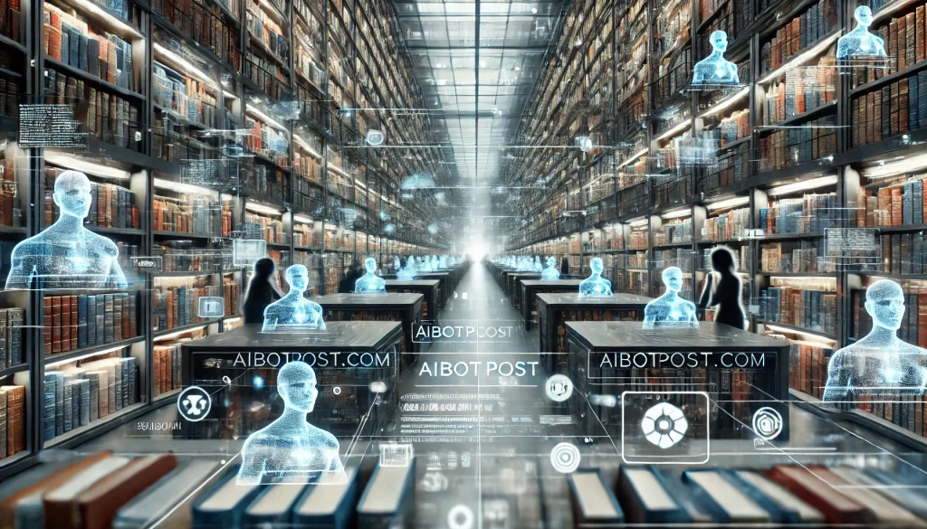 Illustration d'une bibliothèque moderne où des livres traditionnels côtoient des hologrammes et des écrans, symbolisant la fusion entre l'écriture traditionnelle et l'IA