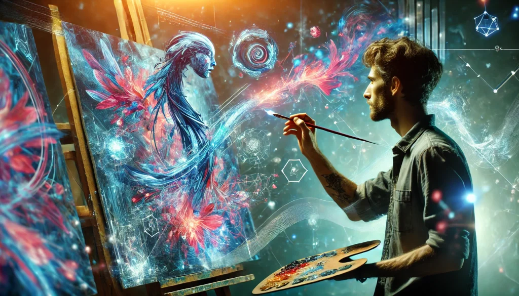 Un artiste ou designer utilisant un pinceau numérique pour peindre sur une toile virtuelle. Les traits de pinceau se transforment en créations complexes et inattendues, illustrant le potentiel créatif de l'IA