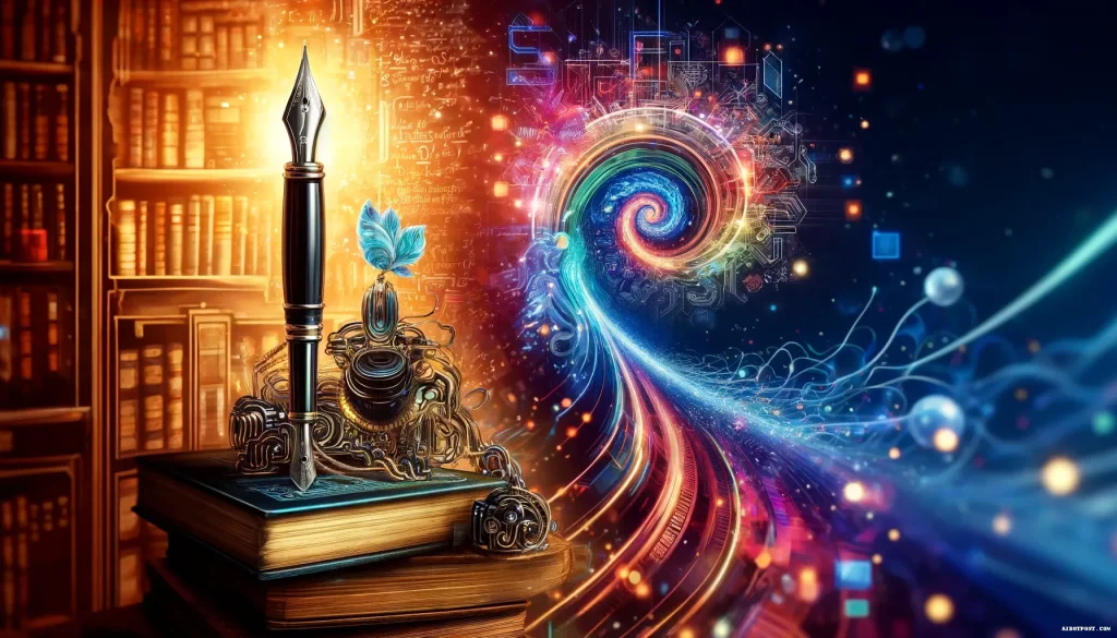 Représentation abstraite de la fusion entre l'écriture traditionnelle et l'intelligence artificielle, illustrée par une danse d'éléments symboliques