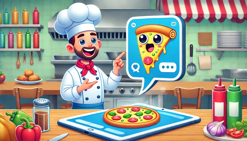 Un chef cuisinier dessinant les traits de caractère d'un chatbot sur une tablette. Le chatbot, en forme de slice de pizza avec des yeux et une bouche, prend vie et sort de l'écran