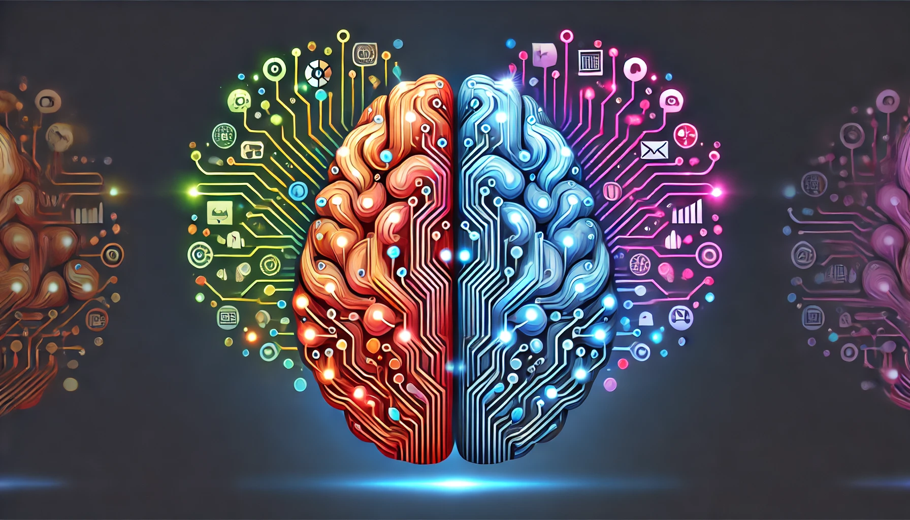 Un cerveau humain stylisé, moitié organique, moitié circuit imprimé, avec des rayons lumineux colorés en sortant, représentant différents types de contenu (texte, images, musique)