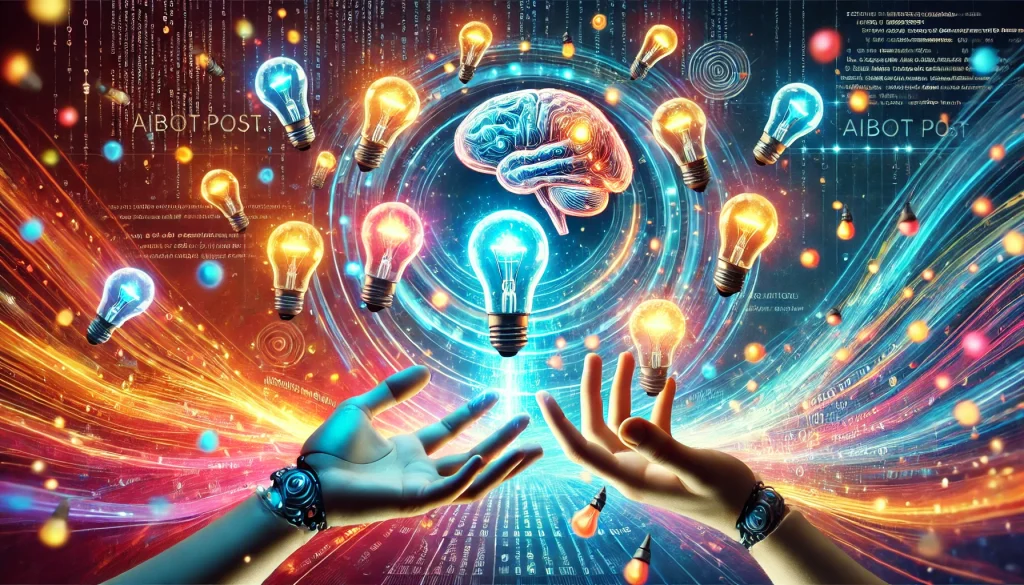 Représentation symbolique du processus créatif avec l'IA, montrant des mains humaines jonglant avec des idées générées par un cerveau robotique