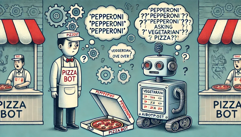 PizzaBot face à un client mécontent. PizzaBot répète "Pepperoni" encore et encore, tandis que le client demande clairement une pizza végétarienne