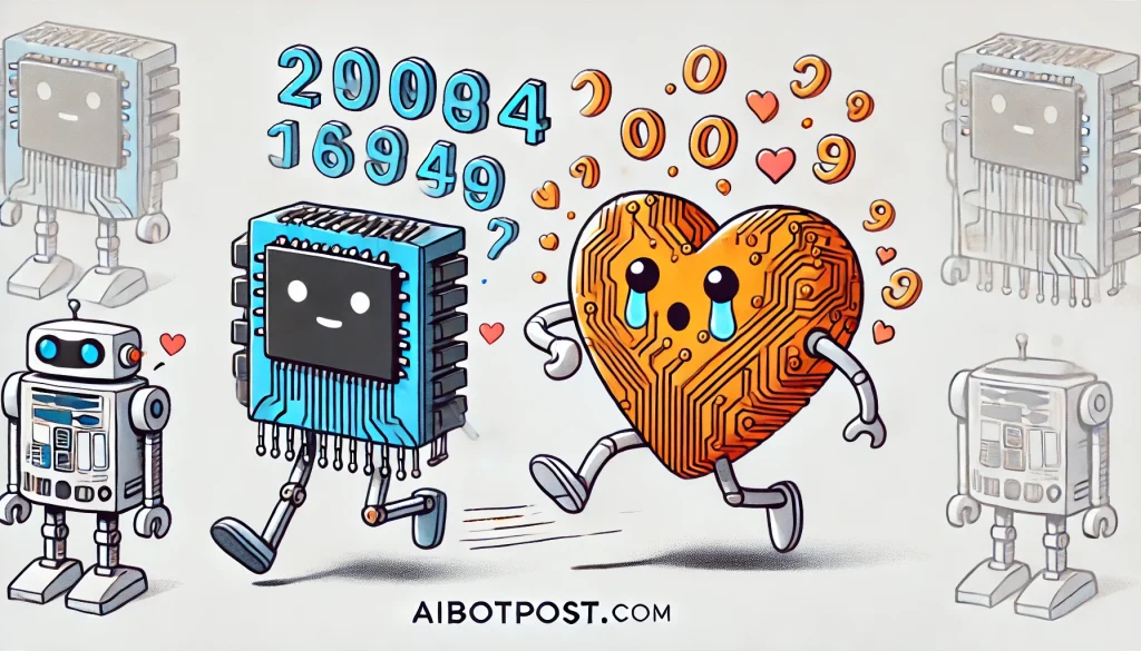 Une illustration humoristique montrant ChatGPT (représenté comme un cœur fait de circuits imprimés) essayant de séduire un algorithme de tri (représenté comme une série de nombres flottants)