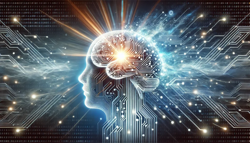 Un cerveau humain stylisé fusionnant avec des circuits électroniques, symbolisant la symbiose entre l'intelligence humaine et artificielle. Des rayons de lumière émanent de cette fusion, représentant les nouvelles idées et innovations