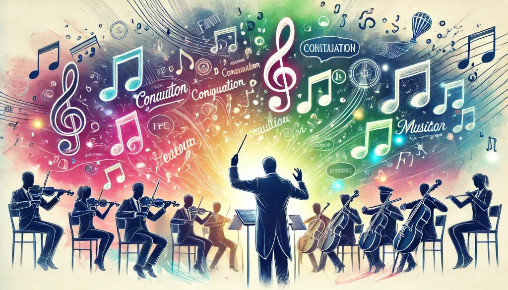 Un chef d'orchestre dirigeant un ensemble d'instruments musicaux, chacun représentant un type de conversation différent (commande, question, plainte). Des notes de musique en forme de mots et phrases flottent dans l'air