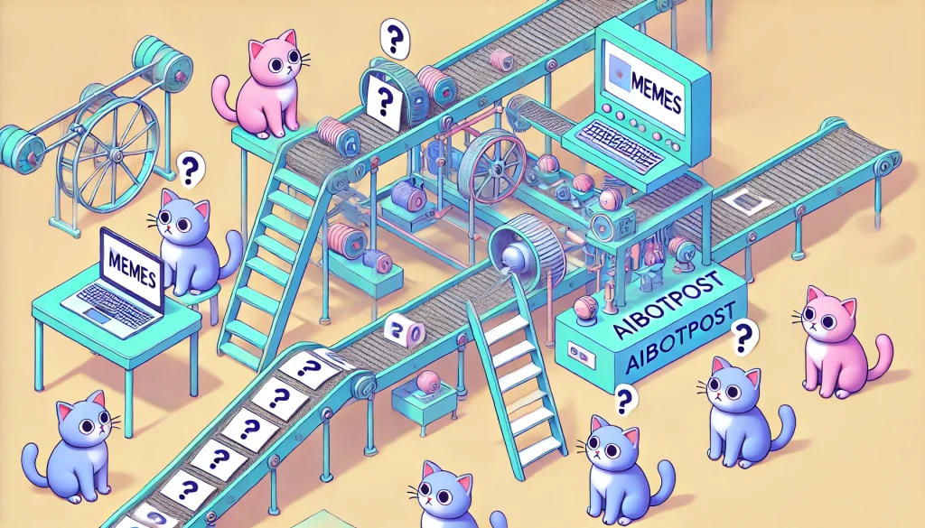 Une machine futuriste style Rube Goldberg produisant des mèmes sur un tapis roulant, avec des chats perplexes observant la scène