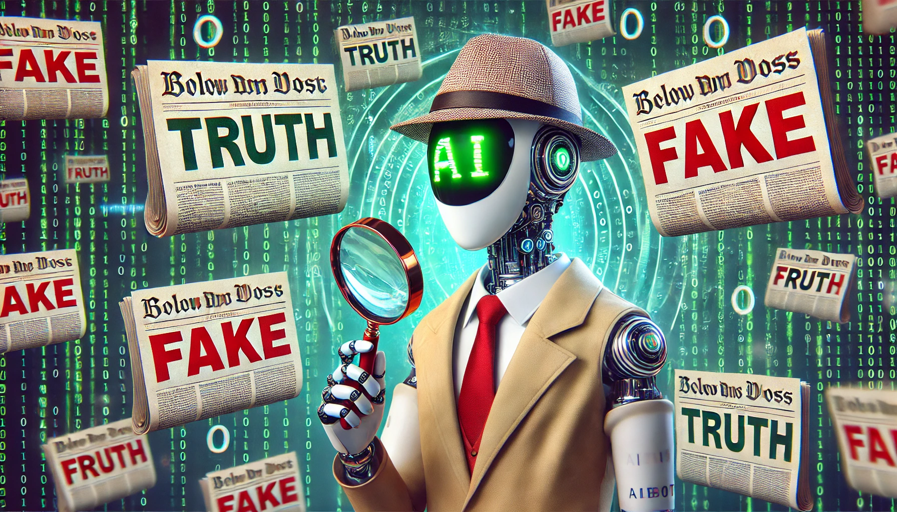 une IA (symbolisée par le robot) analysant activement des nouvelles pour distinguer le vrai du faux