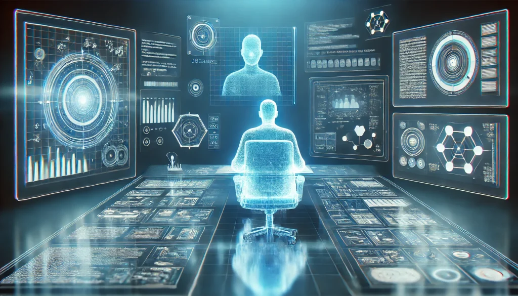 Un professeur holographique bleu translucide