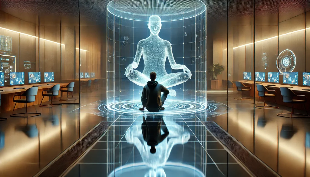Une silhouette humaine debout face à un grand miroir futuriste. Dans le reflet, on voit une version digitale d'elle-même composée de données numériques brillantes et de lignes de code en mouvement