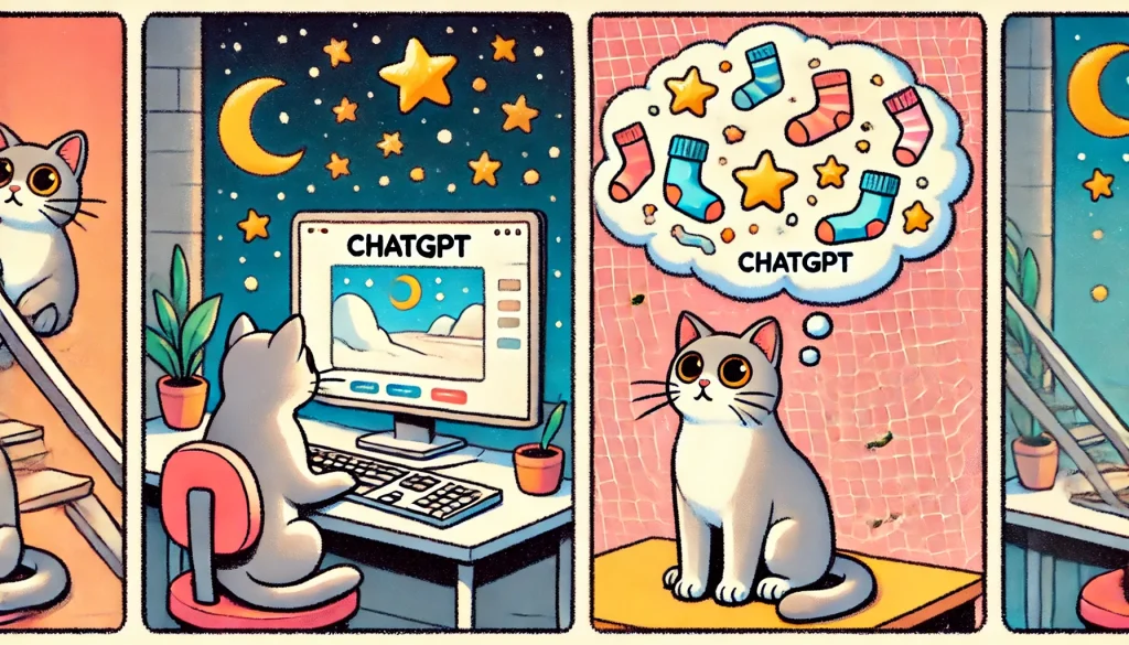 un chat assis sur un clavier d'ordinateur, regardant avec curiosité un écran qui affiche le logo ChatGPT