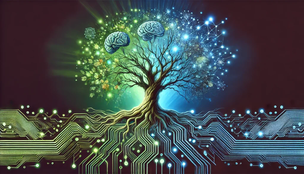 Un arbre de la connaissance dont les racines sont des circuits imprimés et les branches s'élèvent vers le ciel en se transformant progressivement en connexions neuronales
