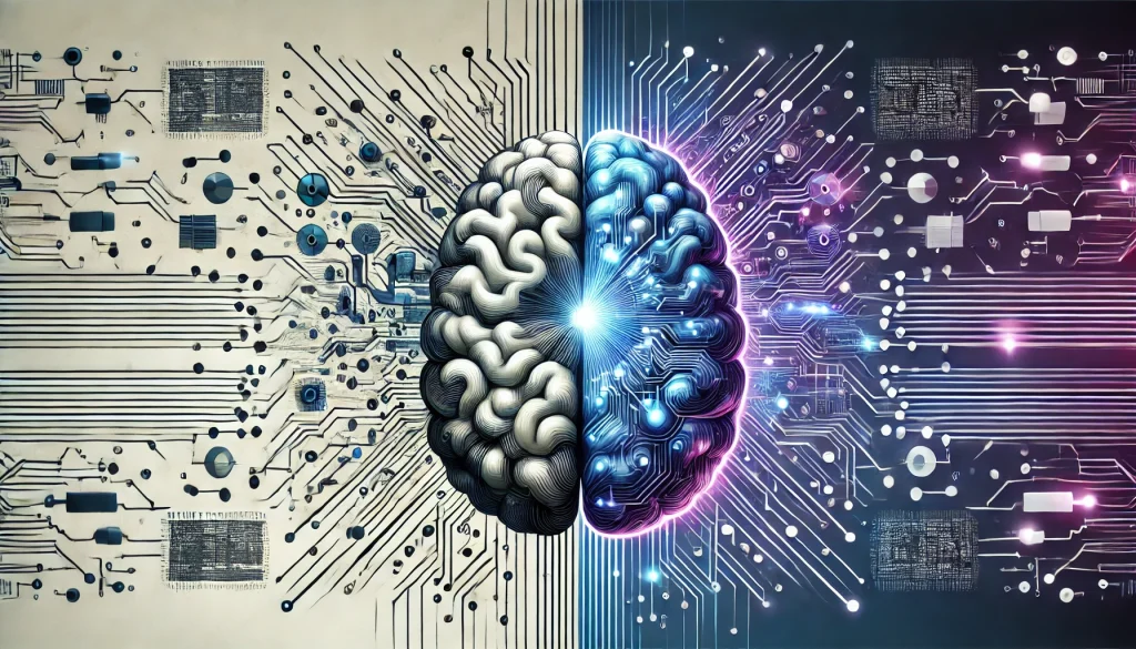 Une métaphore visuelle montrant un cerveau humain fusionnant avec des circuits électroniques