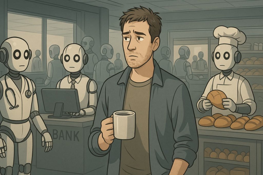 Un homme pensif tient une tasse de café au milieu d’un environnement entièrement automatisé, entouré de robots médecins, banquiers et boulangers, dans une société où l’IA a remplacé l’humain à tous les postes