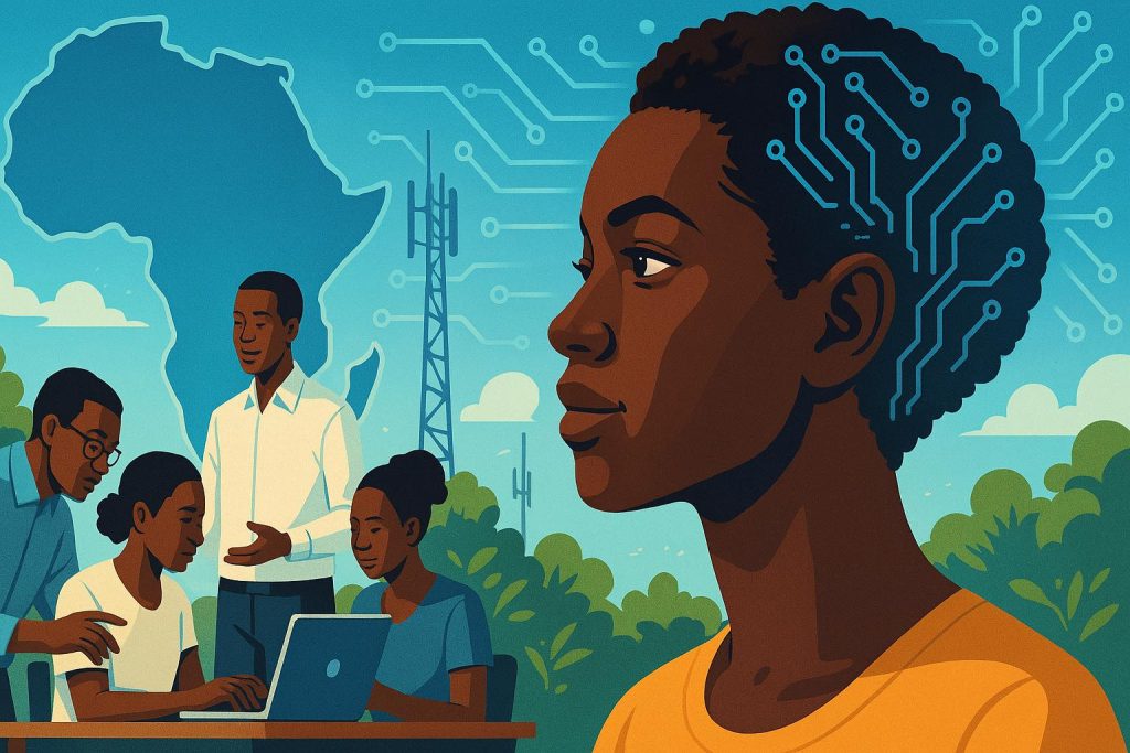 Une jeune femme au regard confiant, son crâne stylisé de circuits, est entourée d’un groupe collaborant autour d’un ordinateur, avec des symboles technologiques intégrés à une carte d’Afrique en fond.