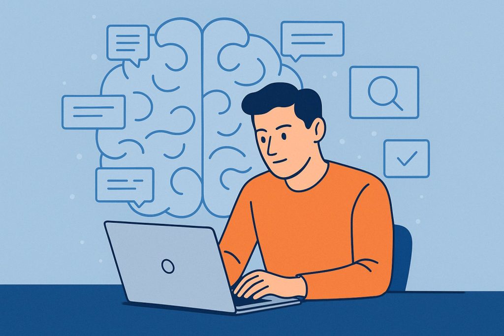 Illustration d’un homme concentré sur son ordinateur portable, avec un cerveau stylisé et des bulles de dialogue autour, représentant la structuration mentale des prompts pour l’intelligence artificielle.