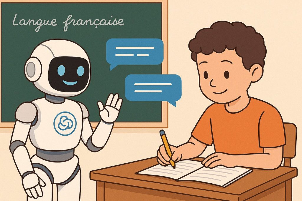 Illustration d’un élève en classe écrivant dans son cahier, assisté par un robot éducatif souriant devant un tableau vert marqué “Langue française”.