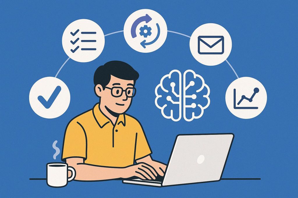 Illustration d’un jeune homme tapant sur son ordinateur, entouré d’icônes de checklist, automatisation, messagerie et graphique, connectés à un cerveau numérique central, symbolisant la productivité boostée par Claude.