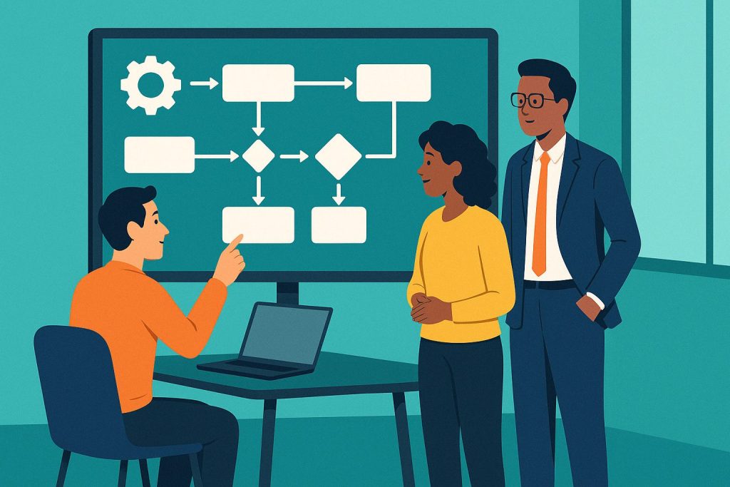 Illustration de trois professionnels autour d’un écran affichant un schéma de processus automatisé, symbolisant l’usage stratégique de l’IA pour optimiser les coûts en entreprise.