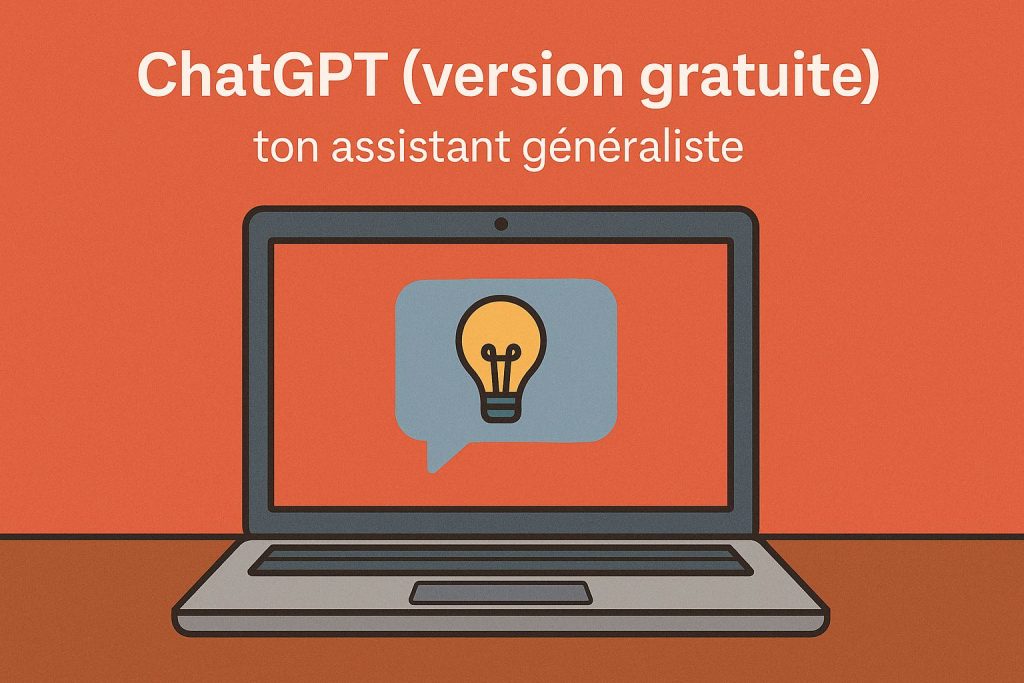 Illustration d’un ordinateur portable affichant une bulle de dialogue avec une ampoule, représentant l’usage quotidien de ChatGPT pour les freelances