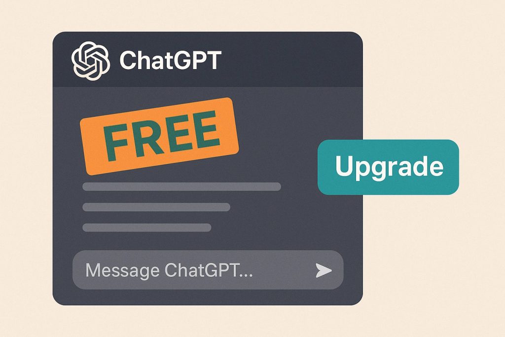 Interface ChatGPT avec un badge “FREE” orange et un bouton “Upgrade”, symbolisant les limites du modèle freemium dans l’IA
