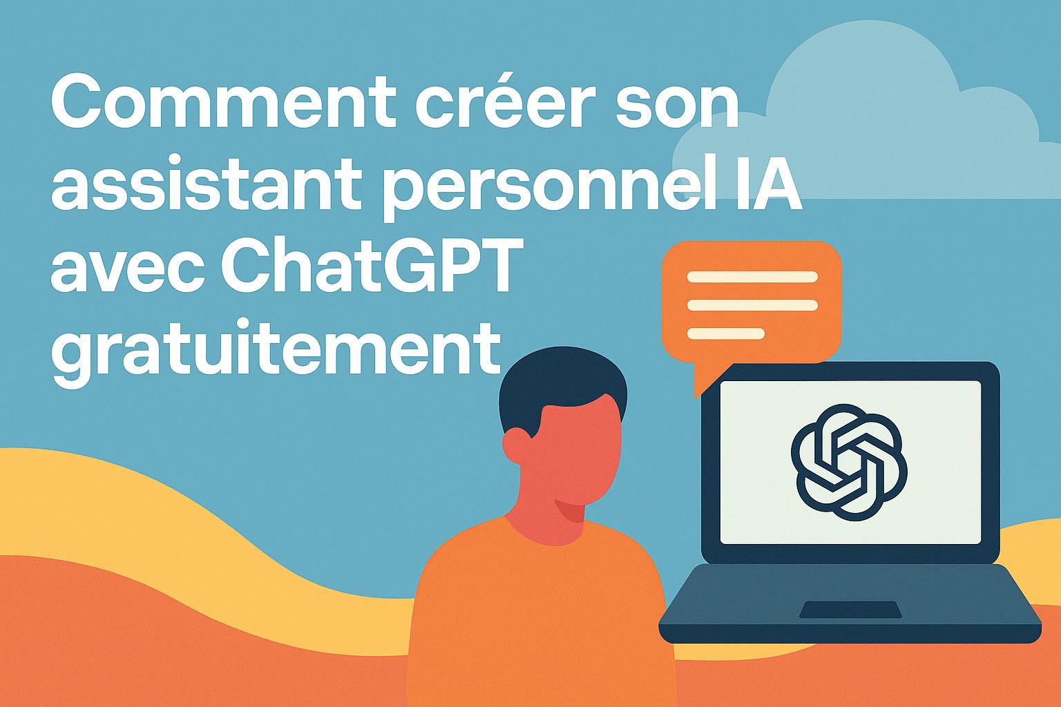 Illustration numérique représentant un ordinateur portable ouvert, entouré d’icônes liées à l’organisation et la communication (horloge, checklists, messages), évoquant la création d’un assistant personnel IA via ChatGPT, dans un style moderne et épuré
