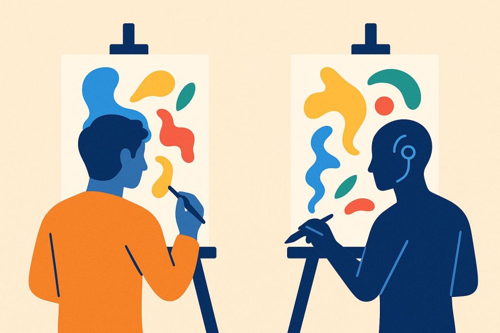 Illustration en style plat représentant deux personnages : un artiste humain et une figure d’intelligence artificielle, chacun dessinant sur une toile opposée, suggérant la dualité entre création humaine et création générée par IA.