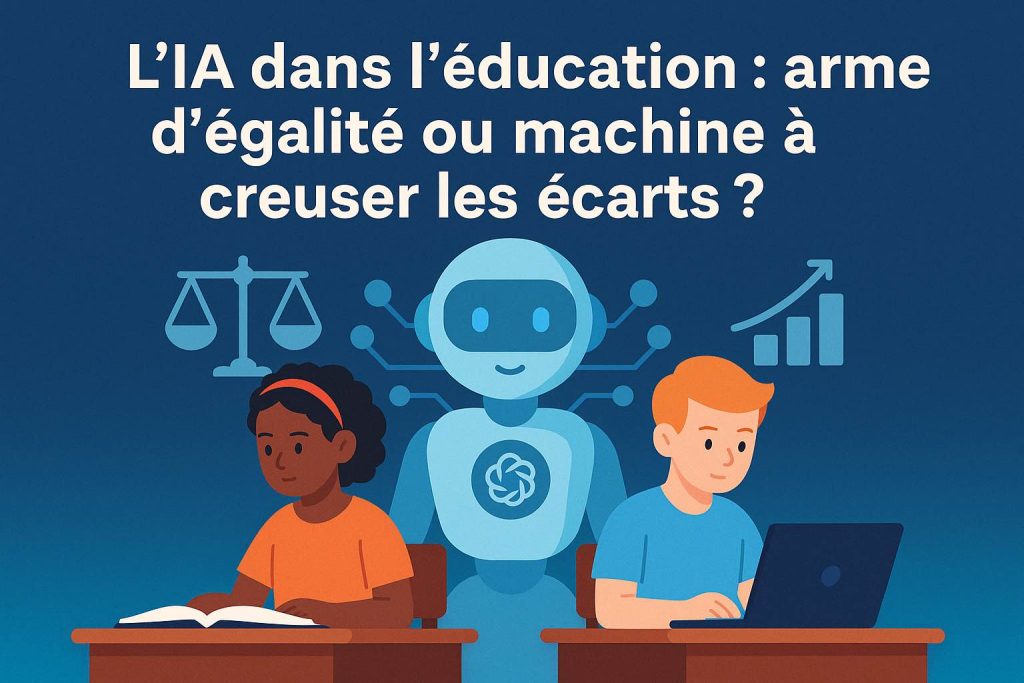 Illustration en design plat montrant deux adolescents dans des environnements contrastés : l’un avec un ordinateur et un espace calme, l’autre avec un téléphone et un cadre plus précaire. L’image illustre l’inégalité d’usage de l’IA en contexte scolaire