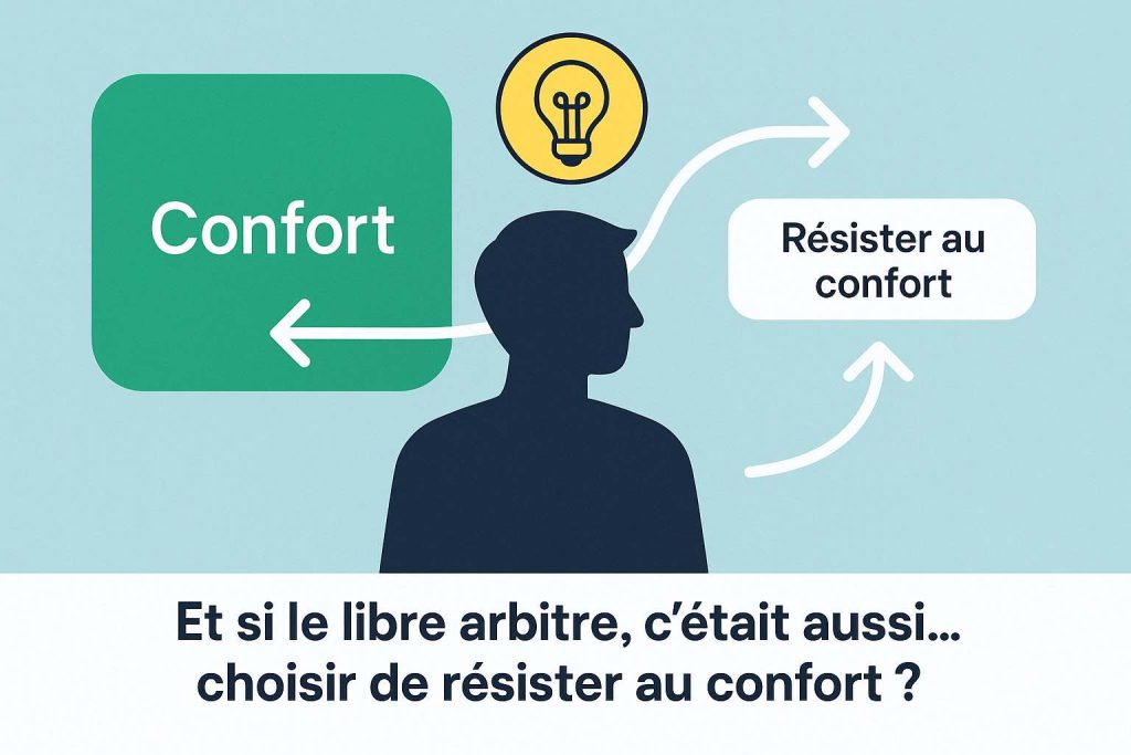 Illustration moderne représentant un individu face à deux choix : suivre le confort ou y résister. Des flèches dirigent son attention vers une ampoule symbolisant la prise de conscience, illustrant l’idée que le libre arbitre se joue aussi dans les petites décisions invisibles.