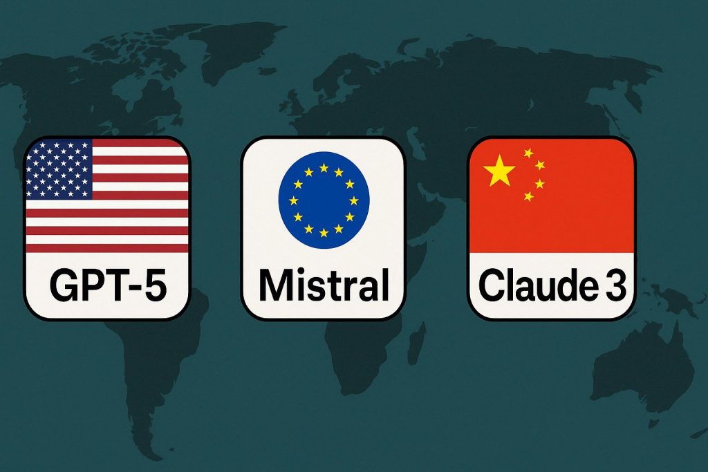 Illustration représentant les modèles GPT-5, Mistral et Claude 3 sous forme d’icônes avec les drapeaux américain, européen et chinois sur une carte du monde stylisée.
