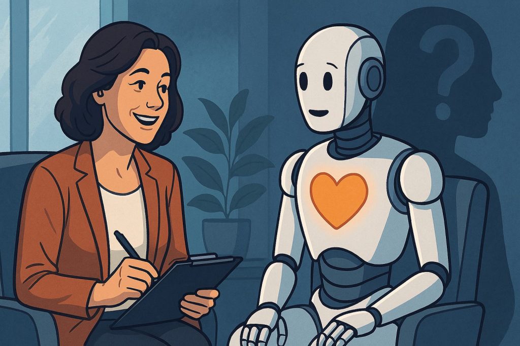 Une psychologue souriante échange avec un robot arborant un cœur lumineux sur la poitrine. En arrière-plan, l’ombre d’un profil humain avec un point d’interrogation évoque les interrogations éthiques soulevées par les émotions simulées de l’IA.

