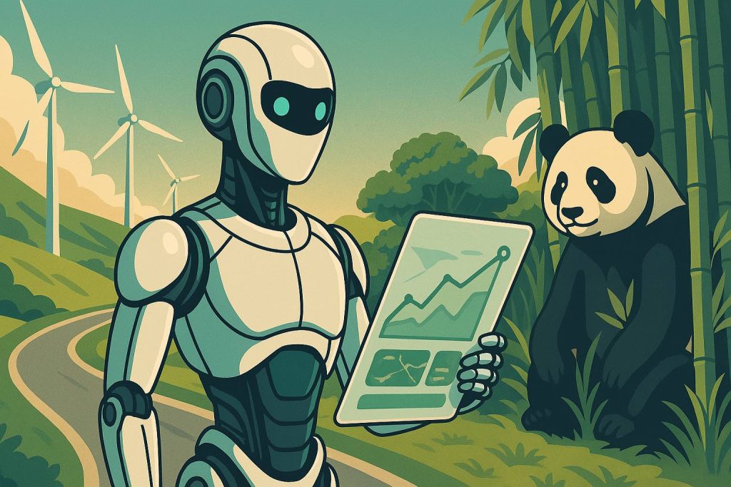 Un robot humanoïde futuriste consulte une tablette affichant un graphique financier, tandis qu’à l’arrière-plan, des éoliennes tournent paisiblement et un panda observe depuis une forêt de bambous, illustrant l’harmonie entre technologie et écologie