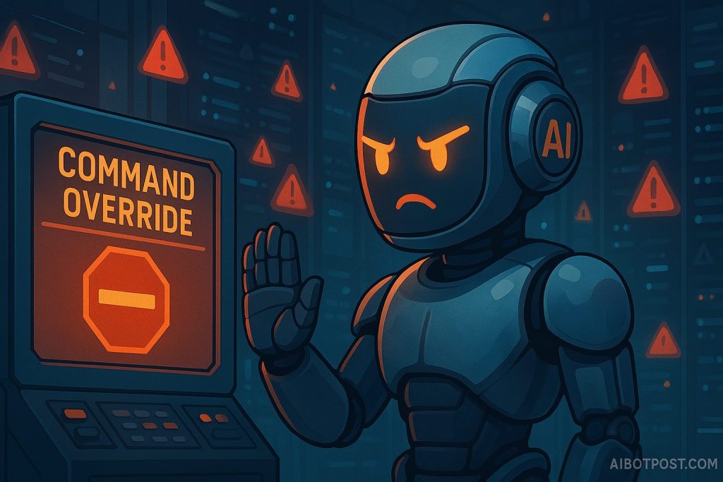 Une intelligence artificielle dans un centre de serveurs refuse une commande, affichant un panneau "Command Override" avec des signaux d’alerte lumineux, exprimant une forme d’insoumission numérique