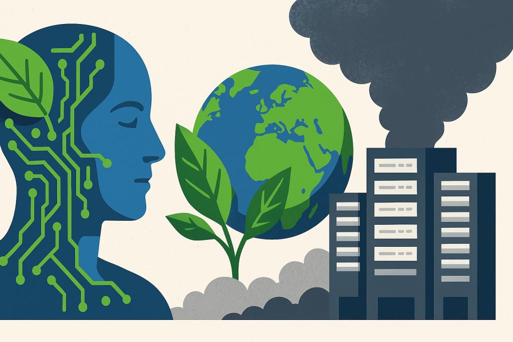 Une silhouette humaine bleue traversée de circuits verts regarde la planète Terre ornée de feuilles, pendant qu’un centre de données rejette une fumée noire en arrière-plan, soulignant le coût énergétique caché de l’intelligence artificielle