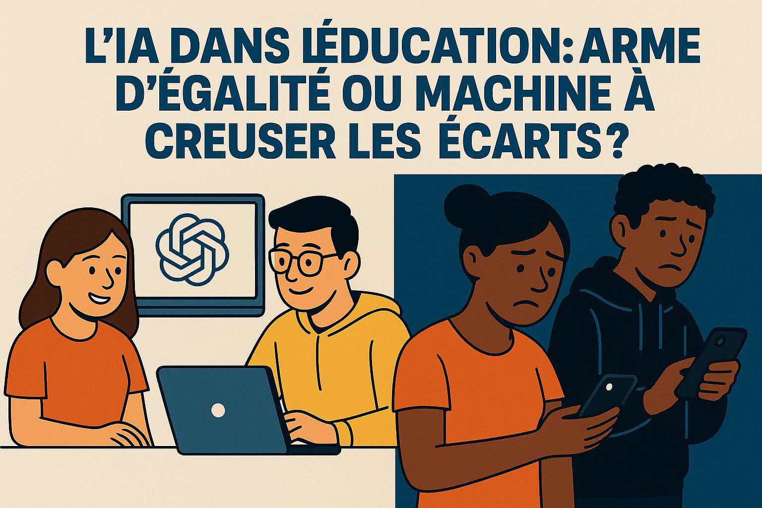 Illustration 2D moderne représentant une salle de classe divisée en deux parties contrastées : à gauche, des élèves bien équipés utilisant l’IA, à droite, des élèves avec peu de matériel. L’image symbolise la fracture numérique et les inégalités d’accès à l’intelligence artificielle à l’école