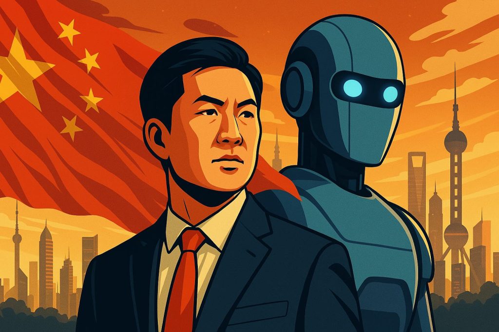 Un homme d’affaires chinois en costume se tient devant un drapeau chinois et un robot futuriste, sur fond de gratte-ciels modernes à Shanghai, illustrant l’essor rapide et stratégique de l’intelligence artificielle en Chine