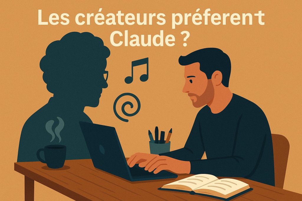 Illustration d’un créateur travaillant sur un ordinateur portable, face à une silhouette représentant Claude, entouré de symboles artistiques et d’un livre ouvert.