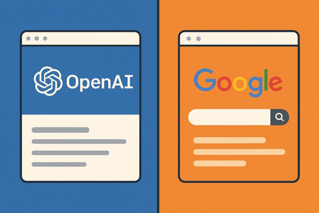 Illustration en design plat comparant les interfaces d’OpenAI et Google, chacune dans une fenêtre stylisée, sur fond bicolore bleu et orange, symbolisant deux approches opposées : l’IA conversationnelle et la recherche classique